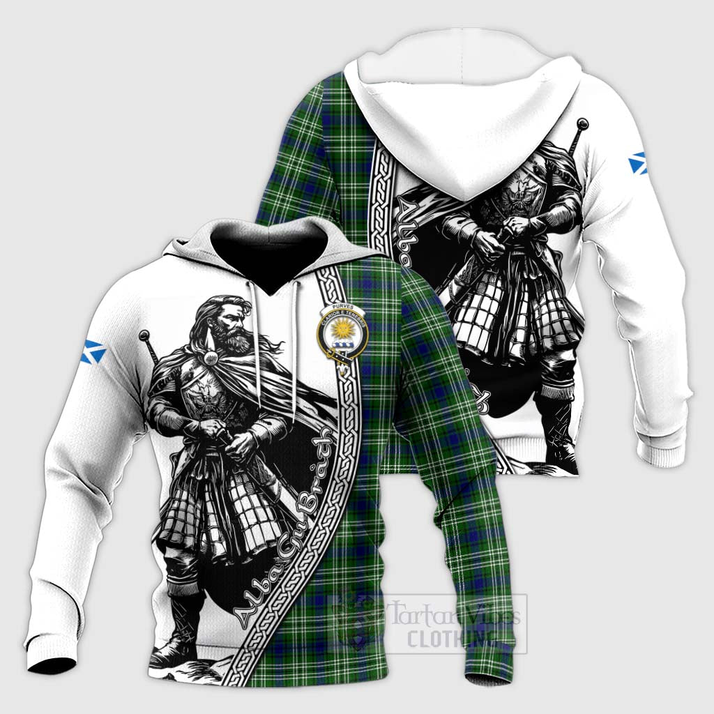 Tartan Vibes Clothing Purves Tartan Clan Crest Knitted Hoodie with Highlander Warrior Celtic Style