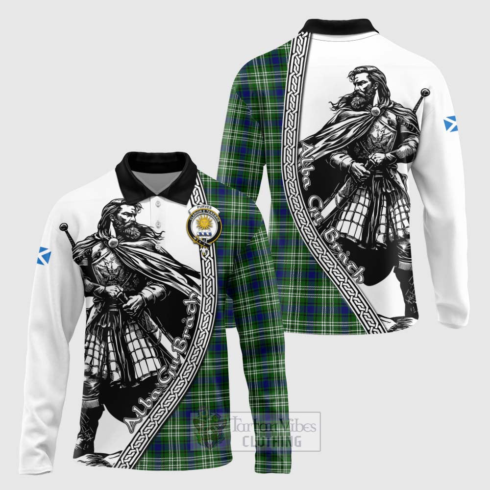 Tartan Vibes Clothing Purves Tartan Clan Crest Long Sleeve Polo Shirt with Highlander Warrior Celtic Style