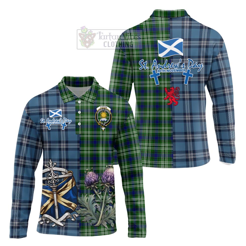 Tartan Vibes Clothing Purves Tartan Long Sleeve Polo Shirt Happy St. Andrew's Day Half Tartan Style