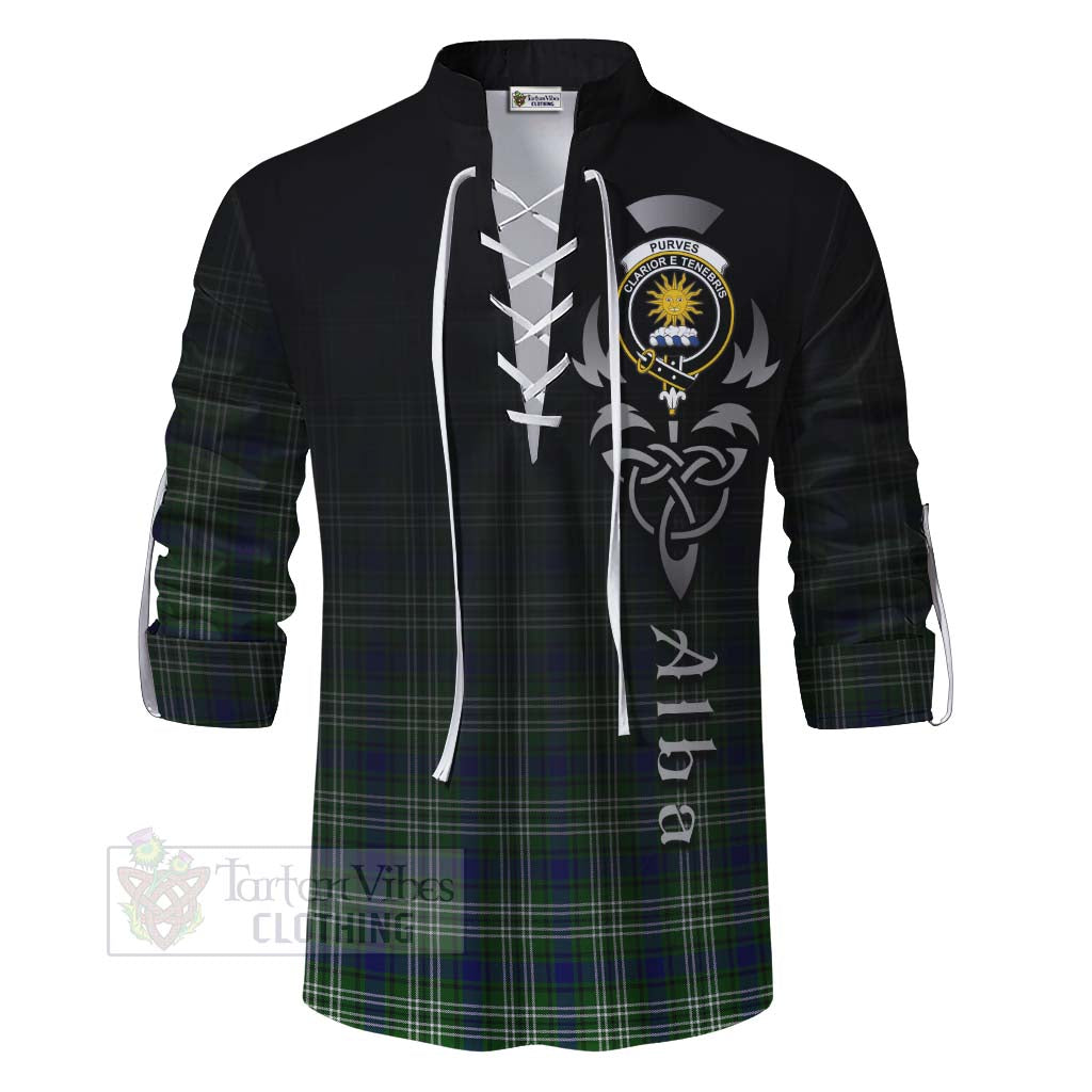 Tartan Vibes Clothing Purves Tartan Ghillie Kilt Shirt Featuring Alba Gu Brath Family Crest Celtic Inspired