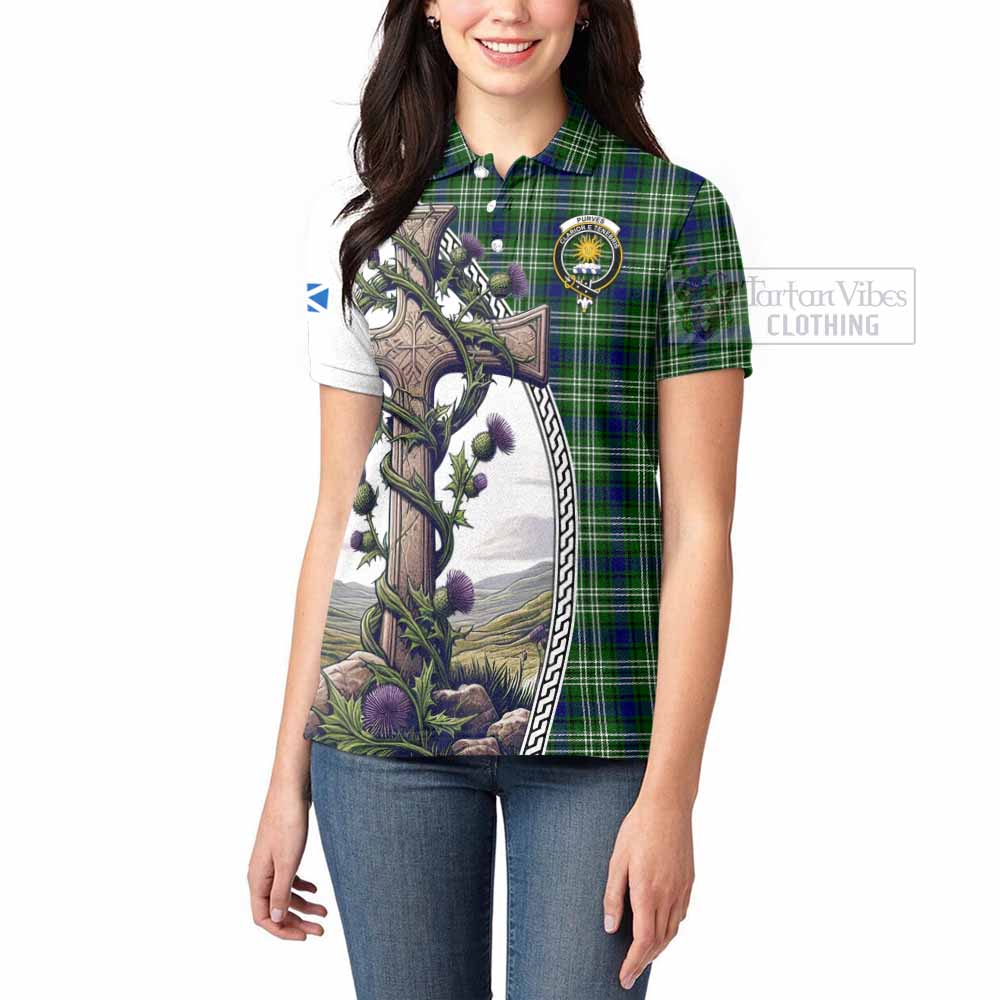 Tartan Vibes Clothing Purves Tartan Women's Polo Shirt with Family Crest and St. Andrew's Cross Accented by Thistle Vines