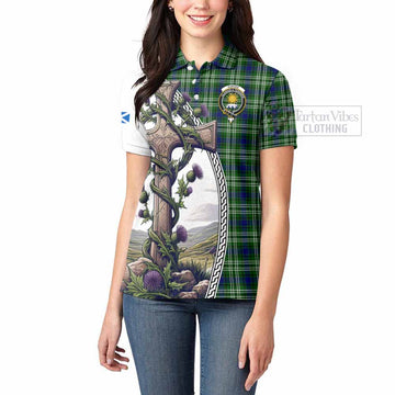 Purves Tartan Women's Polo Shirt with Family Crest and St. Andrew's Cross Accented by Thistle Vines