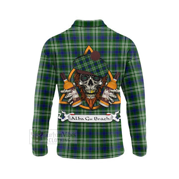 Purves Tartan Long Sleeve Polo Shirt with Family Crest and Bearded Skull Holding Bottles of Whiskey