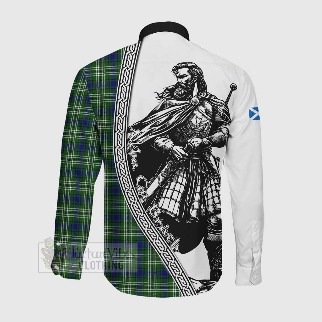 Tartan Vibes Clothing Purves Tartan Clan Crest Long Sleeve Button Shirt with Highlander Warrior Celtic Style