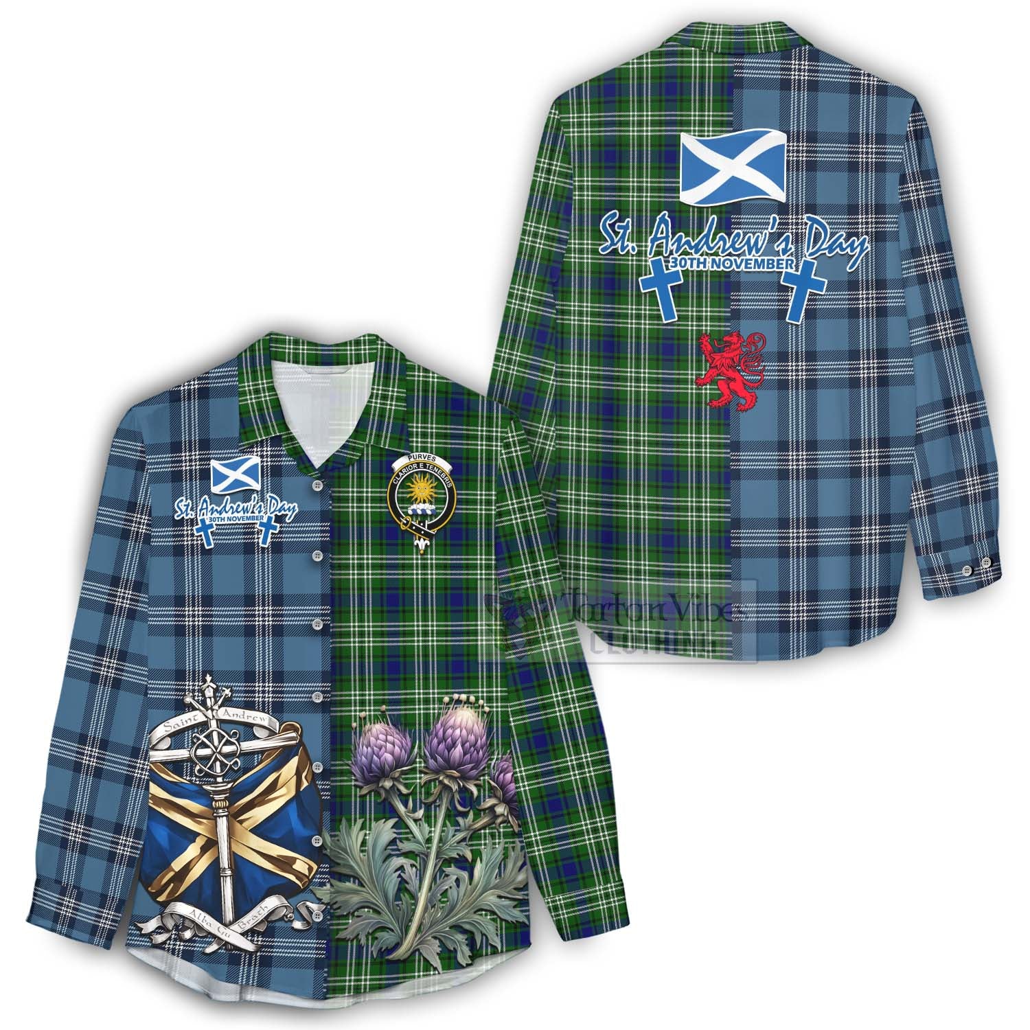 Tartan Vibes Clothing Purves Tartan Women's Casual Shirt Happy St. Andrew's Day Half Tartan Style