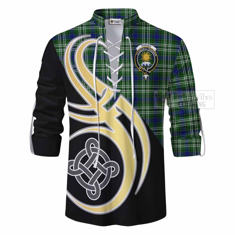 Tartan Vibes Clothing Purves Tartan Ghillie Kilt Shirt with Family Crest and Celtic Symbol Style