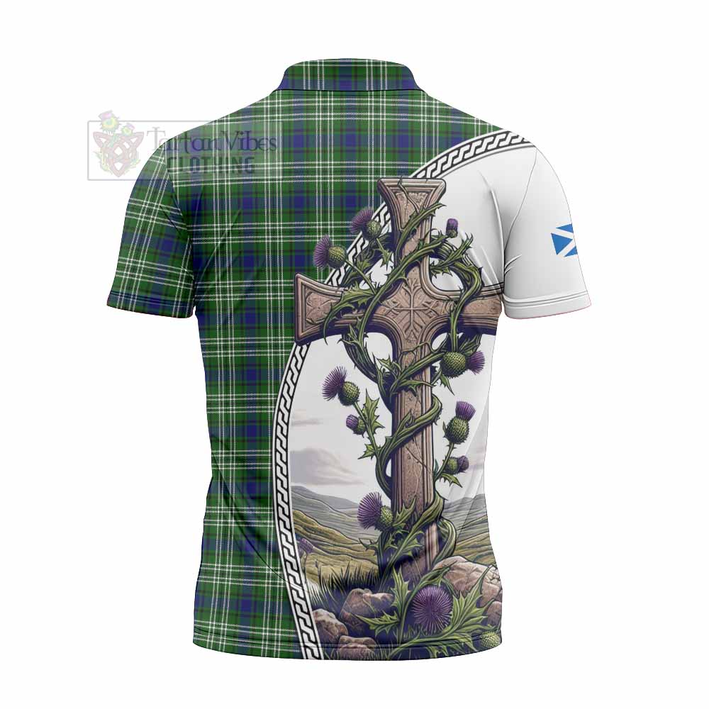 Tartan Vibes Clothing Purves Tartan Zipper Polo Shirt with Family Crest and St. Andrew's Cross Accented by Thistle Vines