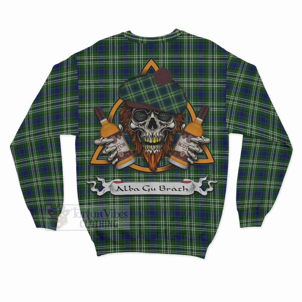 Tartan Vibes Clothing Purves Tartan Sweatshirt with Family Crest and Bearded Skull Holding Bottles of Whiskey