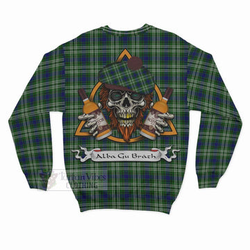 Purves Tartan Sweatshirt with Family Crest and Bearded Skull Holding Bottles of Whiskey