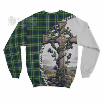 Purves Tartan Sweatshirt with Family Crest and St. Andrew's Cross Accented by Thistle Vines