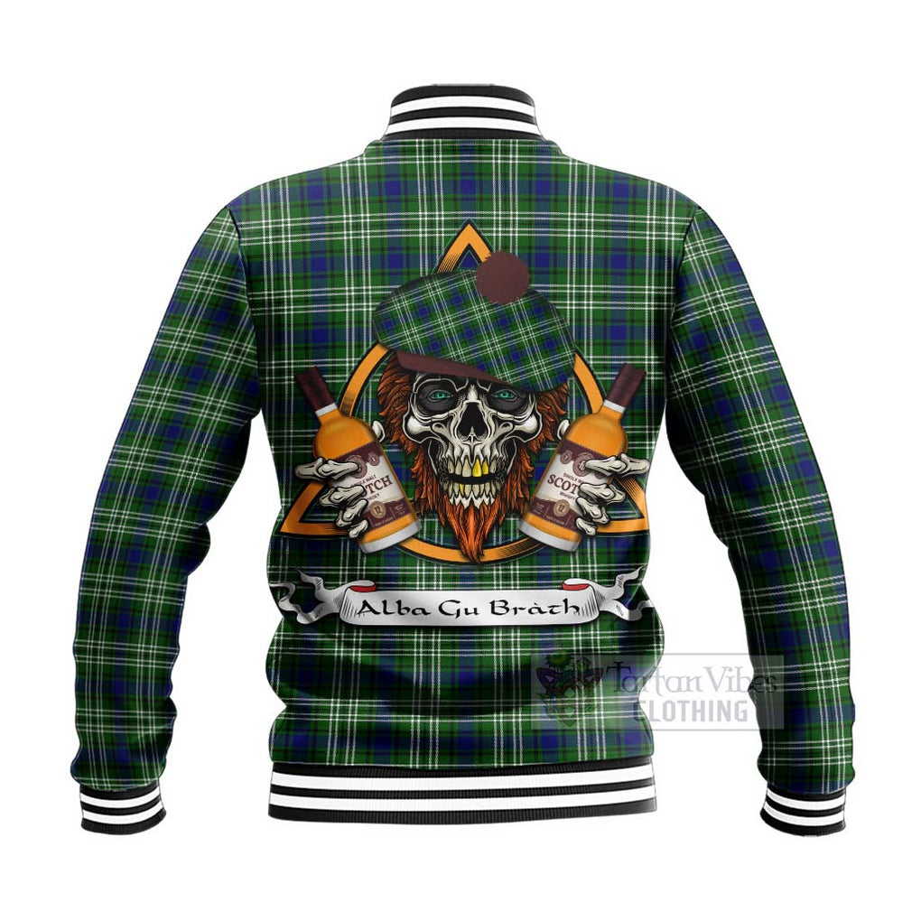 Tartan Vibes Clothing Purves Tartan Baseball Jacket with Family Crest and Bearded Skull Holding Bottles of Whiskey