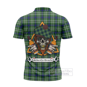 Purves Tartan Zipper Polo Shirt with Family Crest and Bearded Skull Holding Bottles of Whiskey