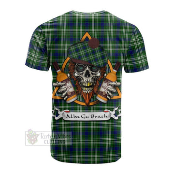 Purves Tartan Cotton T-shirt with Family Crest and Bearded Skull Holding Bottles of Whiskey