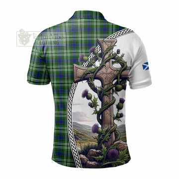 Purves Tartan Polo Shirt with Family Crest and St. Andrew's Cross Accented by Thistle Vines