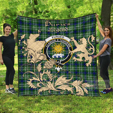 Purves Tartan Quilt with Family Crest and Scottish Symbol Style