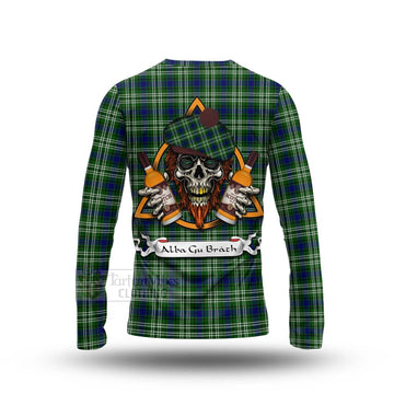 Purves Tartan Long Sleeve T-Shirt with Family Crest and Bearded Skull Holding Bottles of Whiskey