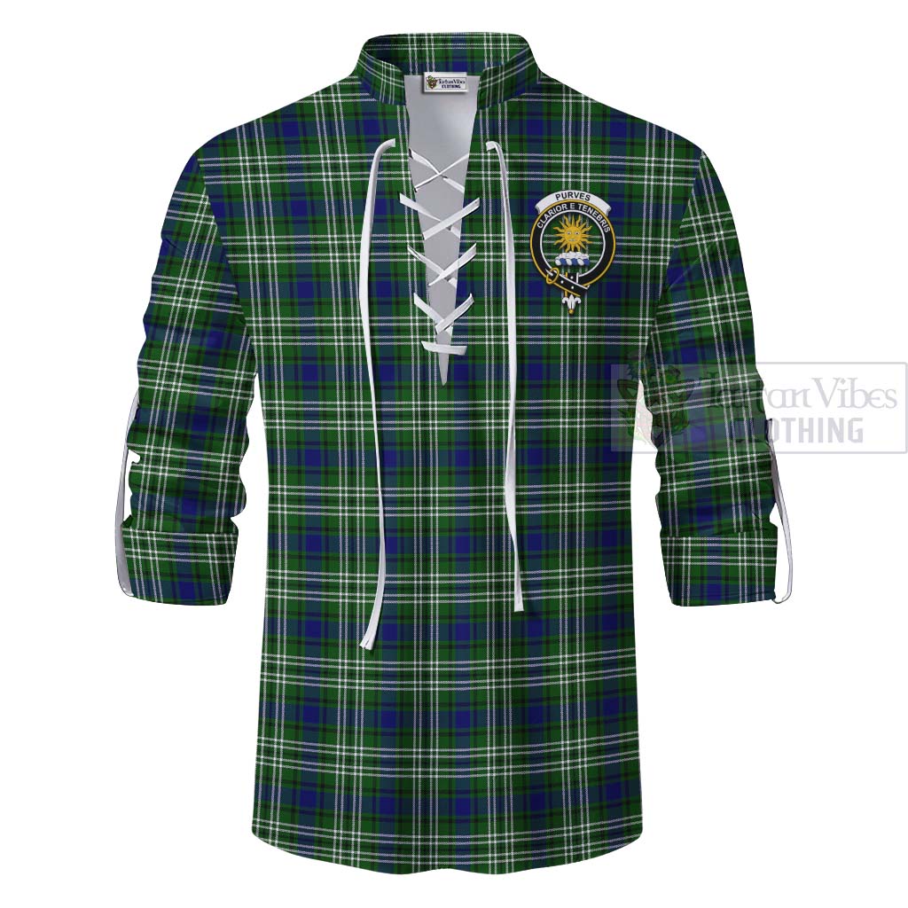 Tartan Vibes Clothing Purves Tartan Ghillie Kilt Shirt with Family Crest Celtic Skull Style