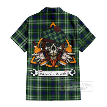 Purves Tartan Short Sleeve Button Shirt with Family Crest and Bearded Skull Holding Bottles of Whiskey