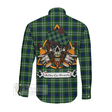 Purves Tartan Long Sleeve Button Shirt with Family Crest and Bearded Skull Holding Bottles of Whiskey