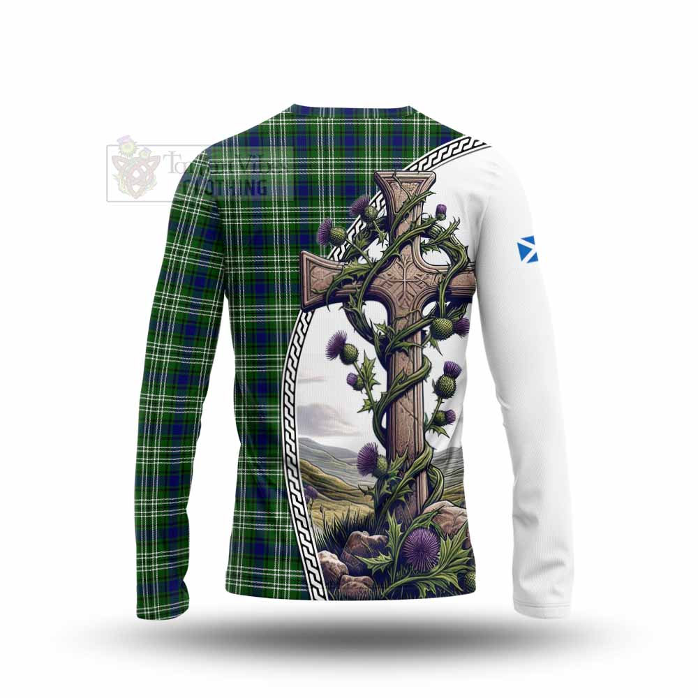 Tartan Vibes Clothing Purves Tartan Long Sleeve T-Shirt with Family Crest and St. Andrew's Cross Accented by Thistle Vines