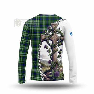 Purves Tartan Long Sleeve T-Shirt with Family Crest and St. Andrew's Cross Accented by Thistle Vines