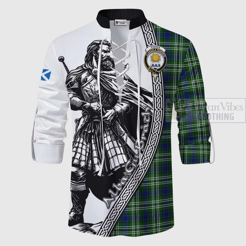 Tartan Vibes Clothing Purves Tartan Clan Crest Ghillie Kilt Shirt with Highlander Warrior Celtic Style