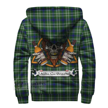 Purves Tartan Sherpa Hoodie with Family Crest and Bearded Skull Holding Bottles of Whiskey