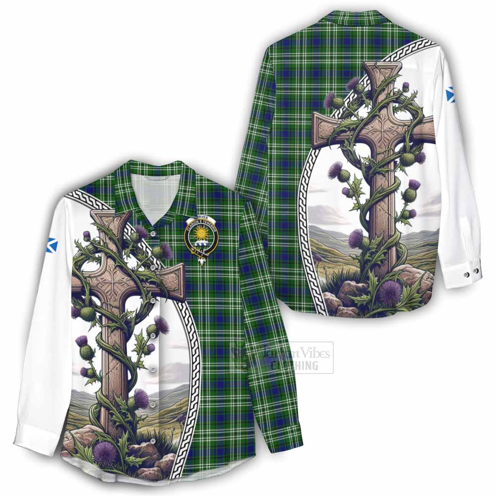 Tartan Vibes Clothing Purves Tartan Women's Casual Shirt with Family Crest and St. Andrew's Cross Accented by Thistle Vines