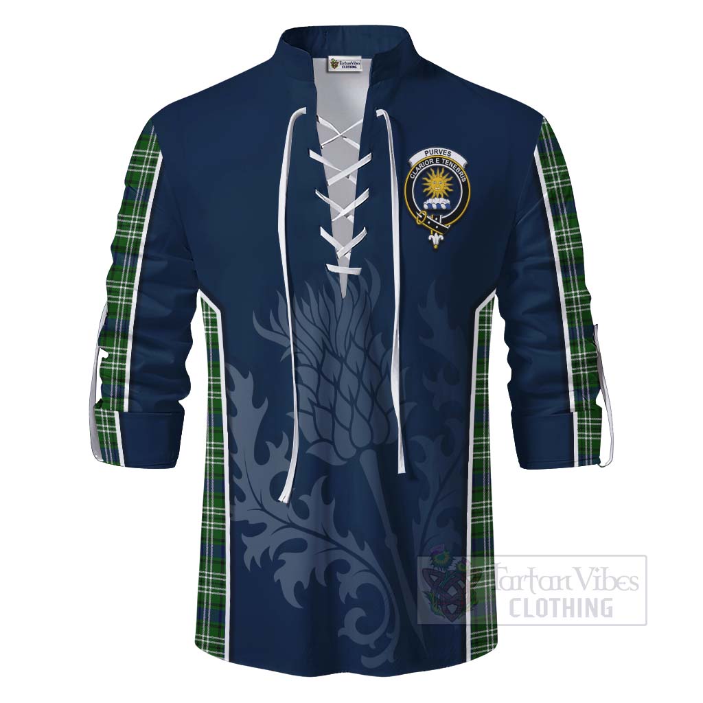 Tartan Vibes Clothing Purves Tartan Ghillie Kilt Shirt with Family Crest and Scottish Thistle Vibes Sport Style