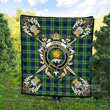 Purves Tartan Quilt with Family Crest and Scottish Golden Courage Shield