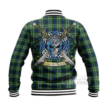 Purves Tartan Baseball Jacket with Family Crest Celtic Skull Style