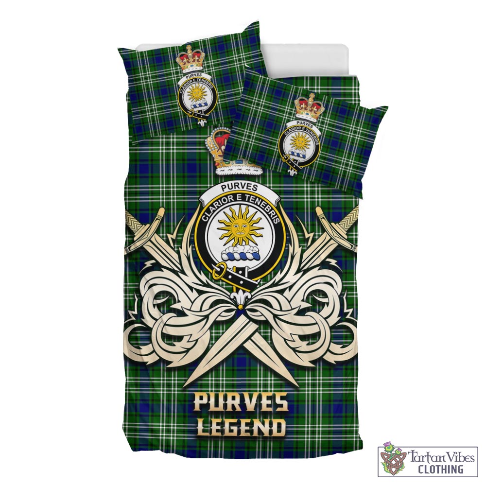 Tartan Vibes Clothing Purves Tartan Bedding Set with Clan Crest and the Golden Sword of Courageous Legacy