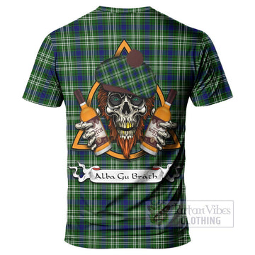 Purves Tartan T-Shirt with Family Crest and Bearded Skull Holding Bottles of Whiskey