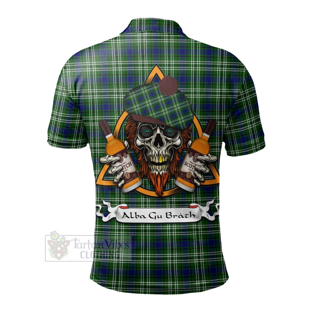 Tartan Vibes Clothing Purves Tartan Polo Shirt with Family Crest and Bearded Skull Holding Bottles of Whiskey