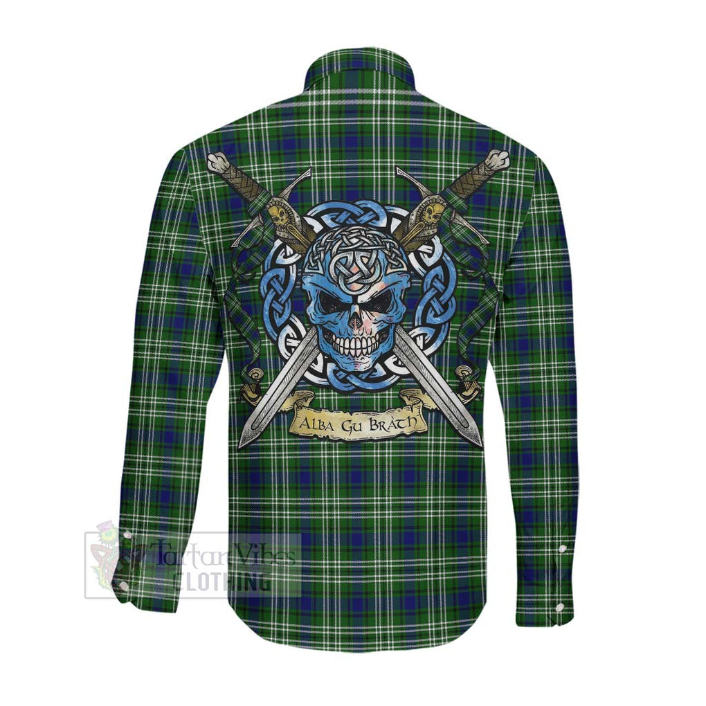 Tartan Vibes Clothing Purves Tartan Long Sleeve Button Shirt with Family Crest Celtic Skull Style