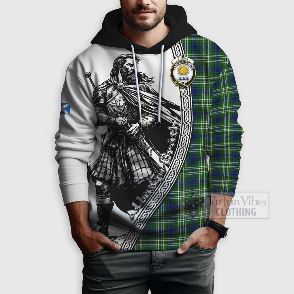 Tartan Vibes Clothing Purves Tartan Clan Crest Hoodie with Highlander Warrior Celtic Style