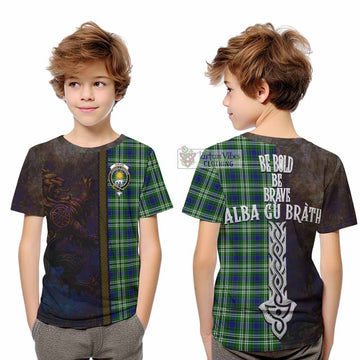 Purves Tartan Family Crest Kid T-Shirt Alba Gu Brath Be Brave Lion Ancient Style - Tartan Vibes Clothing