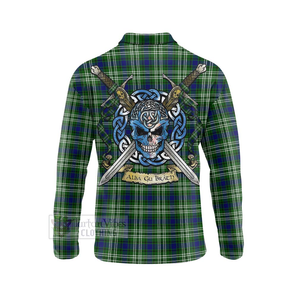 Tartan Vibes Clothing Purves Tartan Long Sleeve Polo Shirt with Family Crest Celtic Skull Style