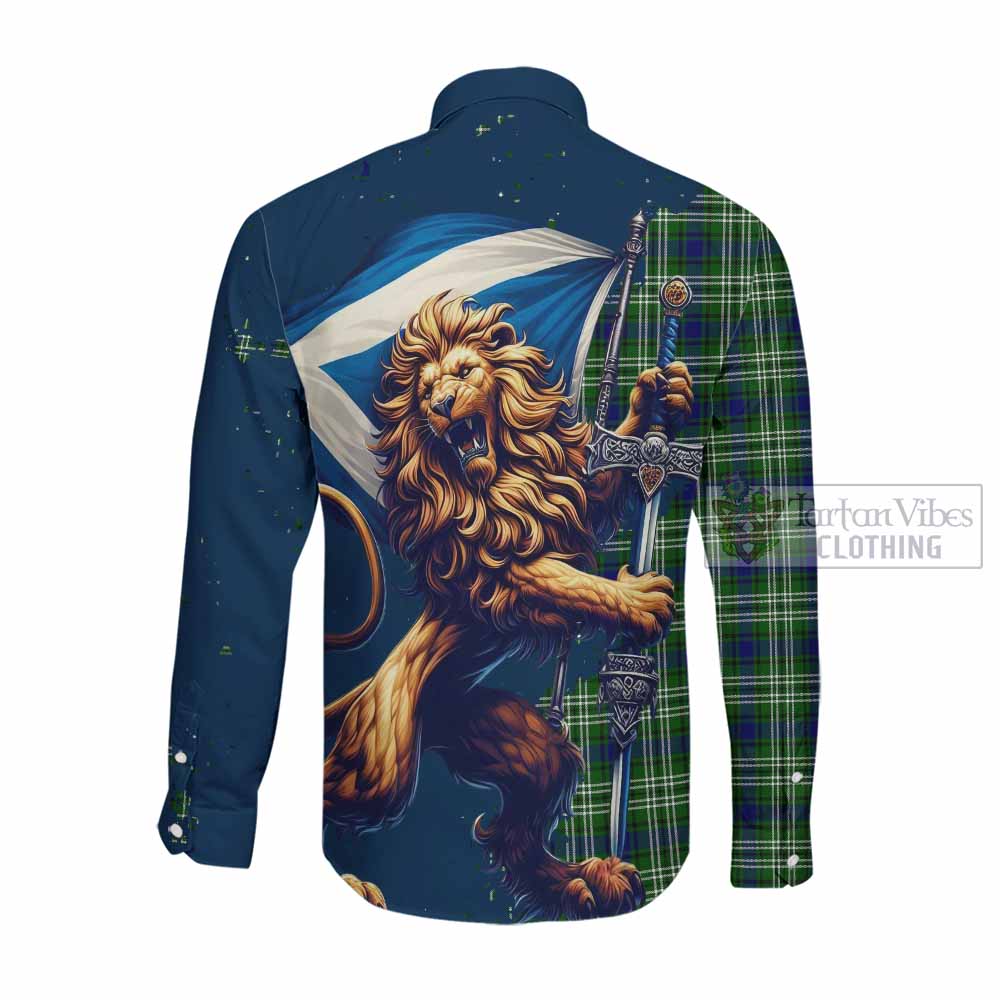 Tartan Vibes Clothing Purves Tartan Family Crest Long Sleeve Button Shirt with Scottish Majestic Lion