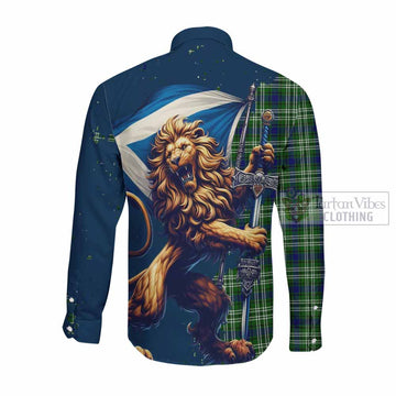 Purves Tartan Family Crest Long Sleeve Button Shirt with Scottish Majestic Lion