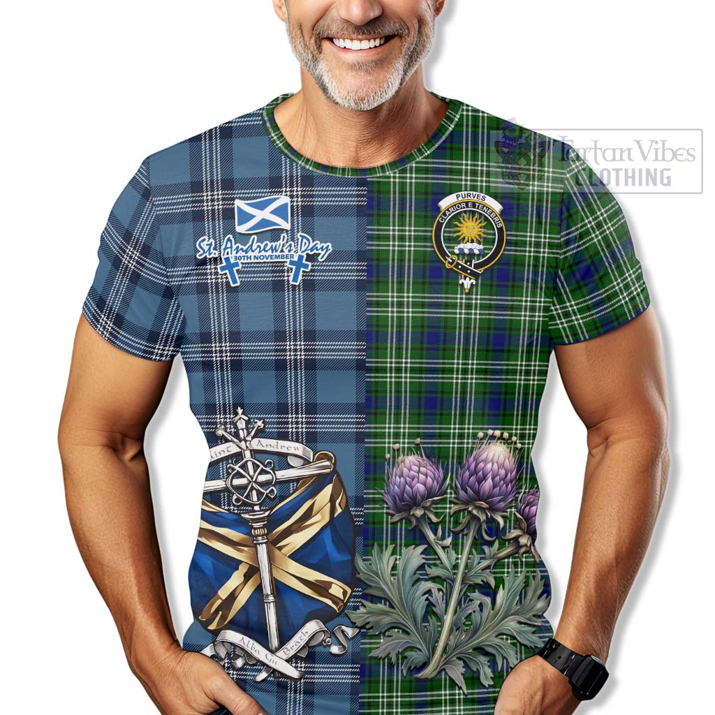 Purves Tartan T-Shirt Happy St. Andrew's Day Half Tartan Style - Tartan Vibes Clothing