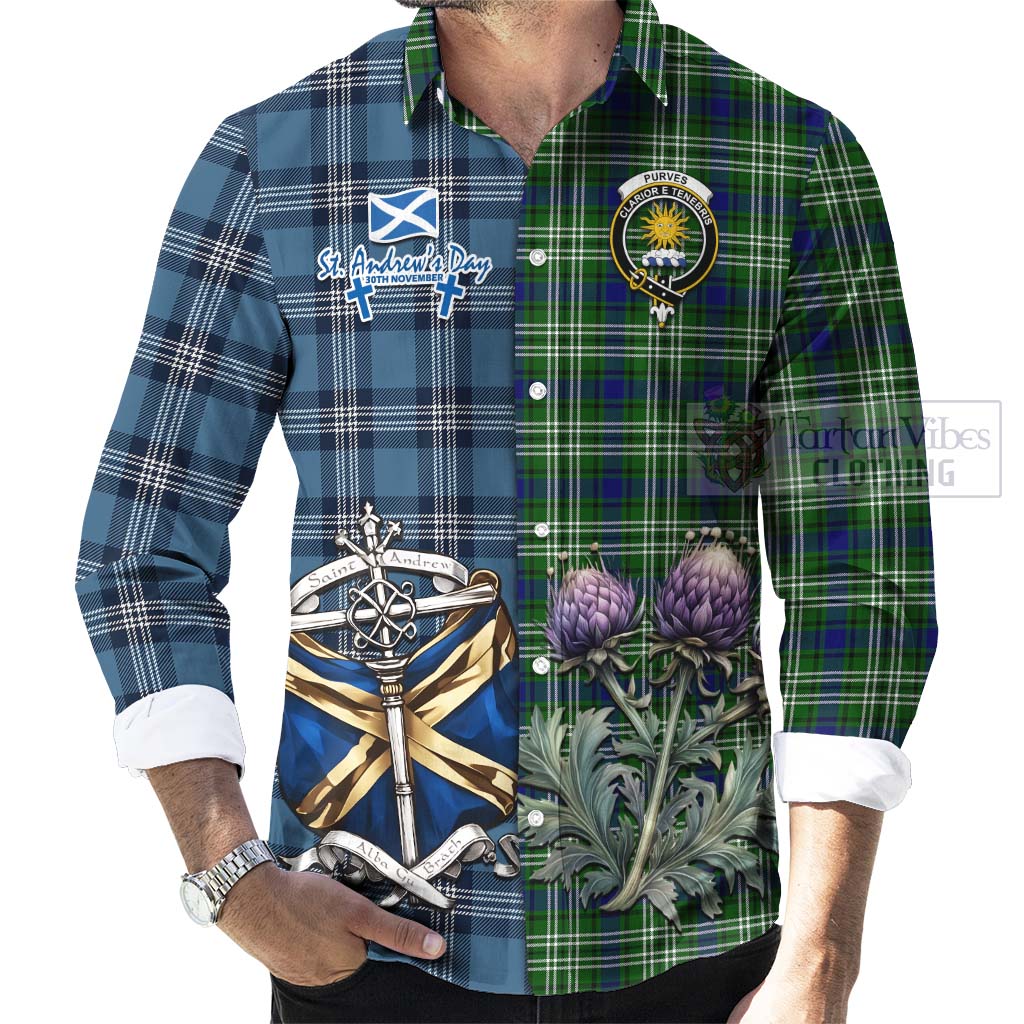 Tartan Vibes Clothing Purves Tartan Long Sleeve Button Shirt Happy St. Andrew's Day Half Tartan Style