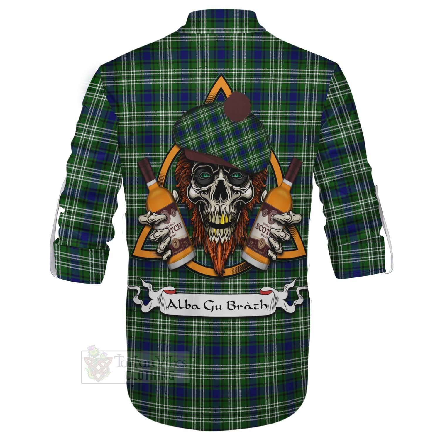 Tartan Vibes Clothing Purves Tartan Ghillie Kilt Shirt with Family Crest and Bearded Skull Holding Bottles of Whiskey