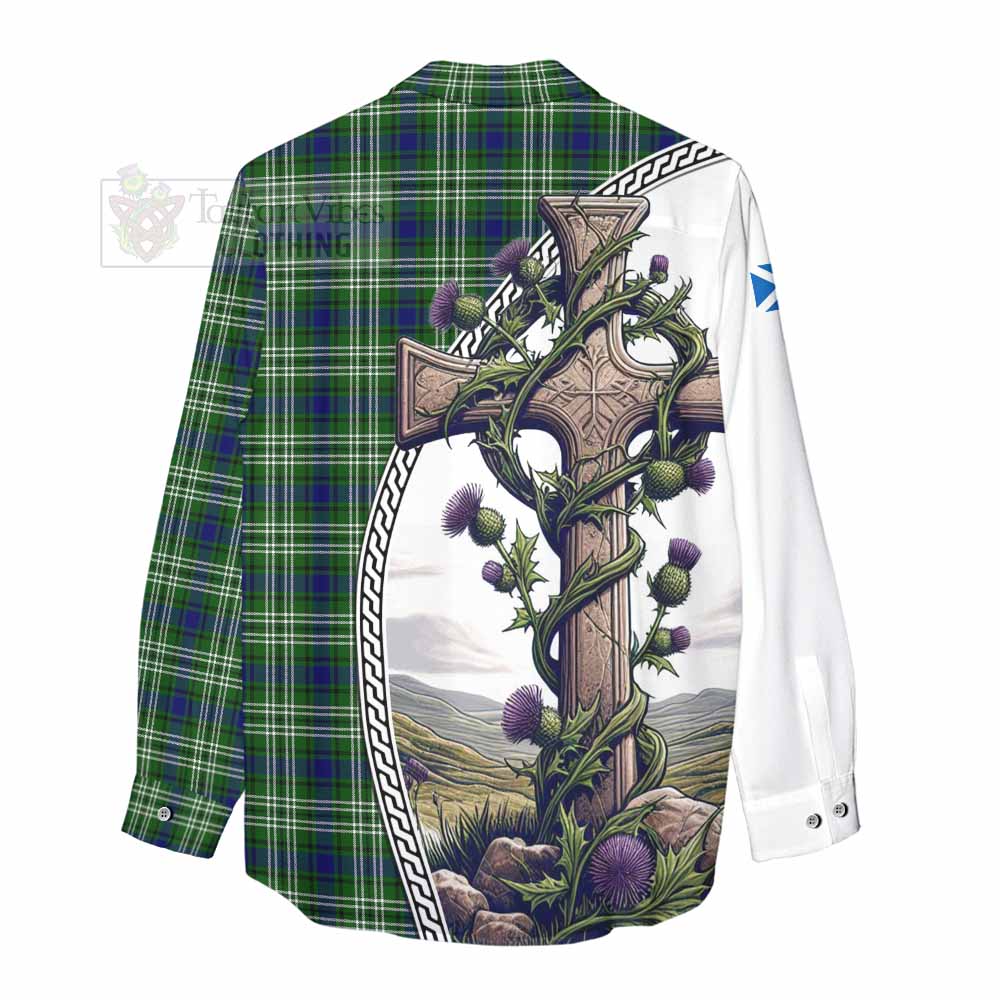 Tartan Vibes Clothing Purves Tartan Women's Casual Shirt with Family Crest and St. Andrew's Cross Accented by Thistle Vines