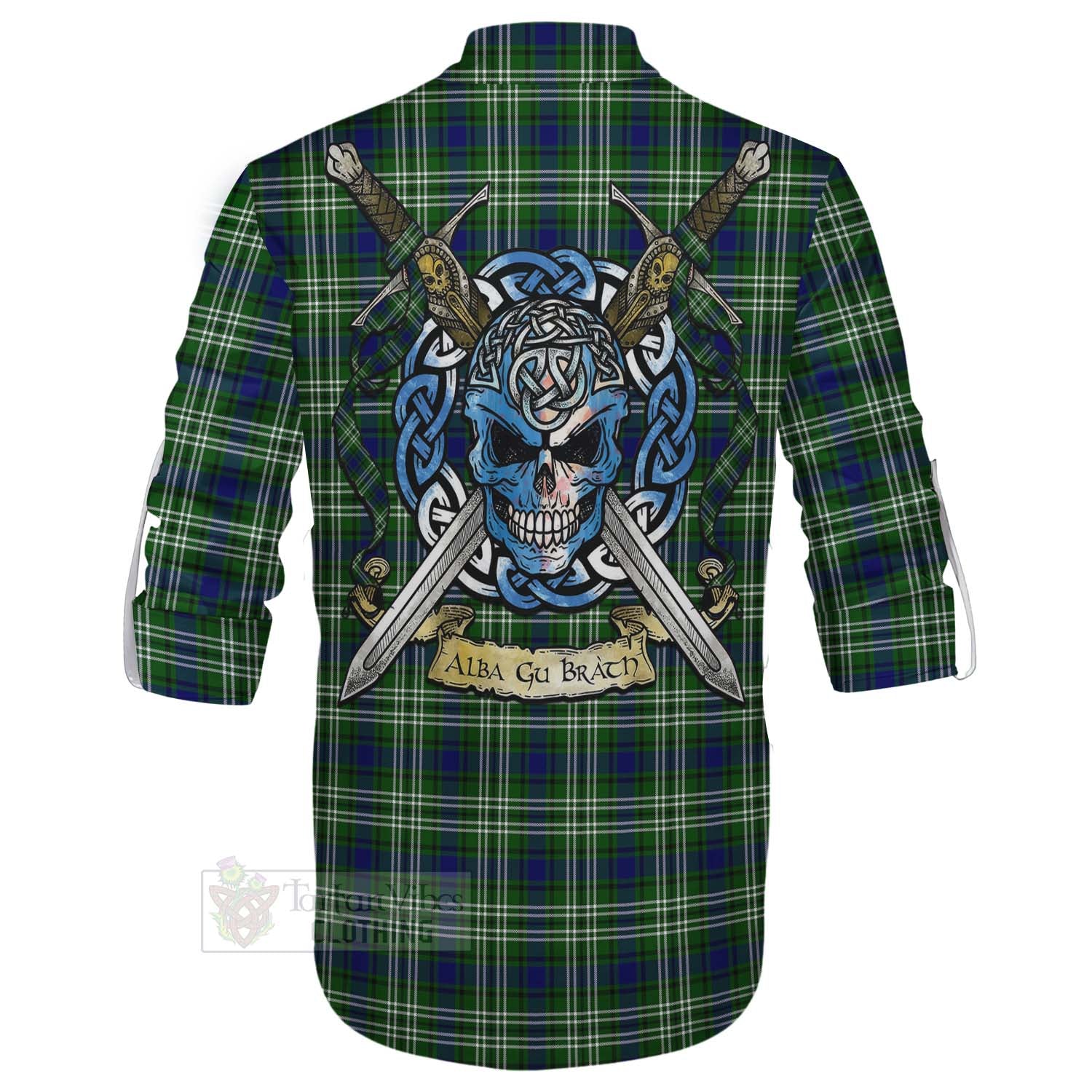 Tartan Vibes Clothing Purves Tartan Ghillie Kilt Shirt with Family Crest Celtic Skull Style