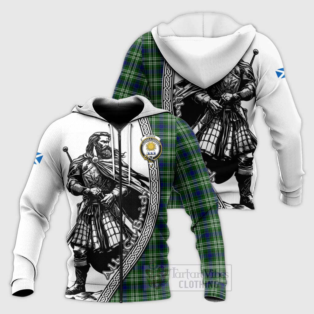 Tartan Vibes Clothing Purves Tartan Clan Crest Knitted Hoodie with Highlander Warrior Celtic Style