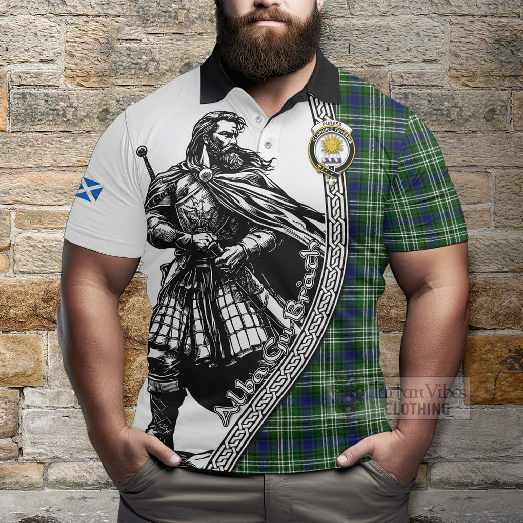 Tartan Vibes Clothing Purves Tartan Clan Crest Polo Shirt with Highlander Warrior Celtic Style