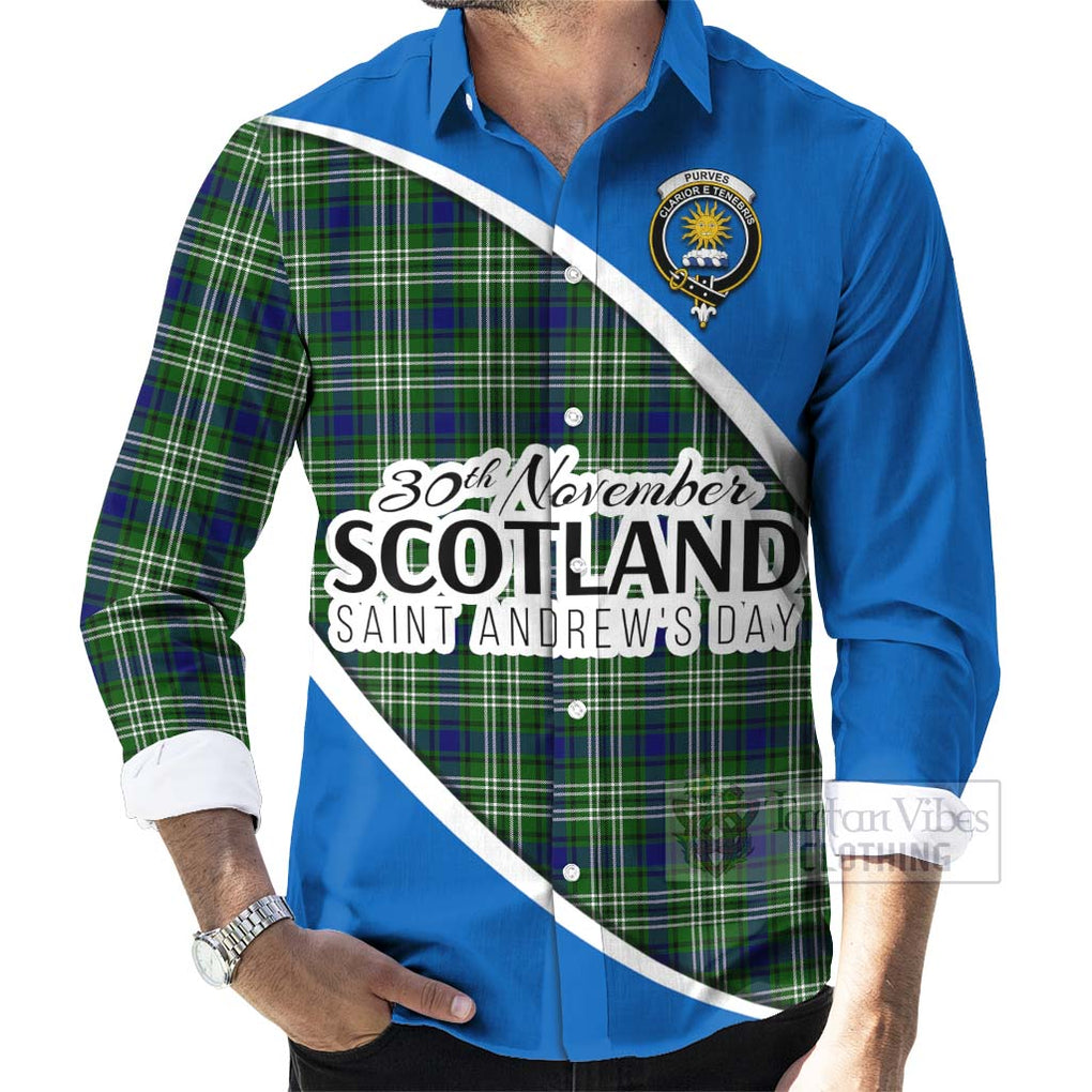 Tartan Vibes Clothing Purves Family Crest Tartan Long Sleeve Button Shirt Celebrate Saint Andrew's Day in Style