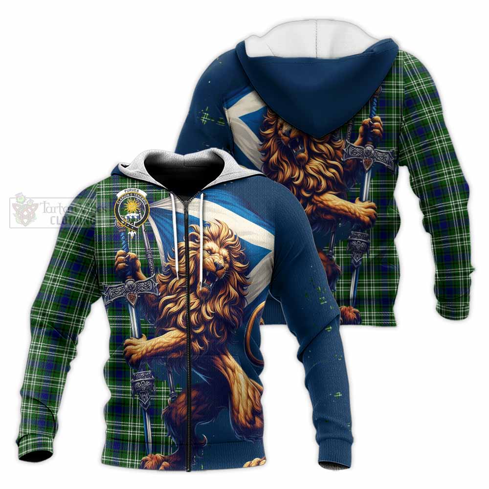 Tartan Vibes Clothing Purves Tartan Family Crest Knitted Hoodie with Scottish Majestic Lion