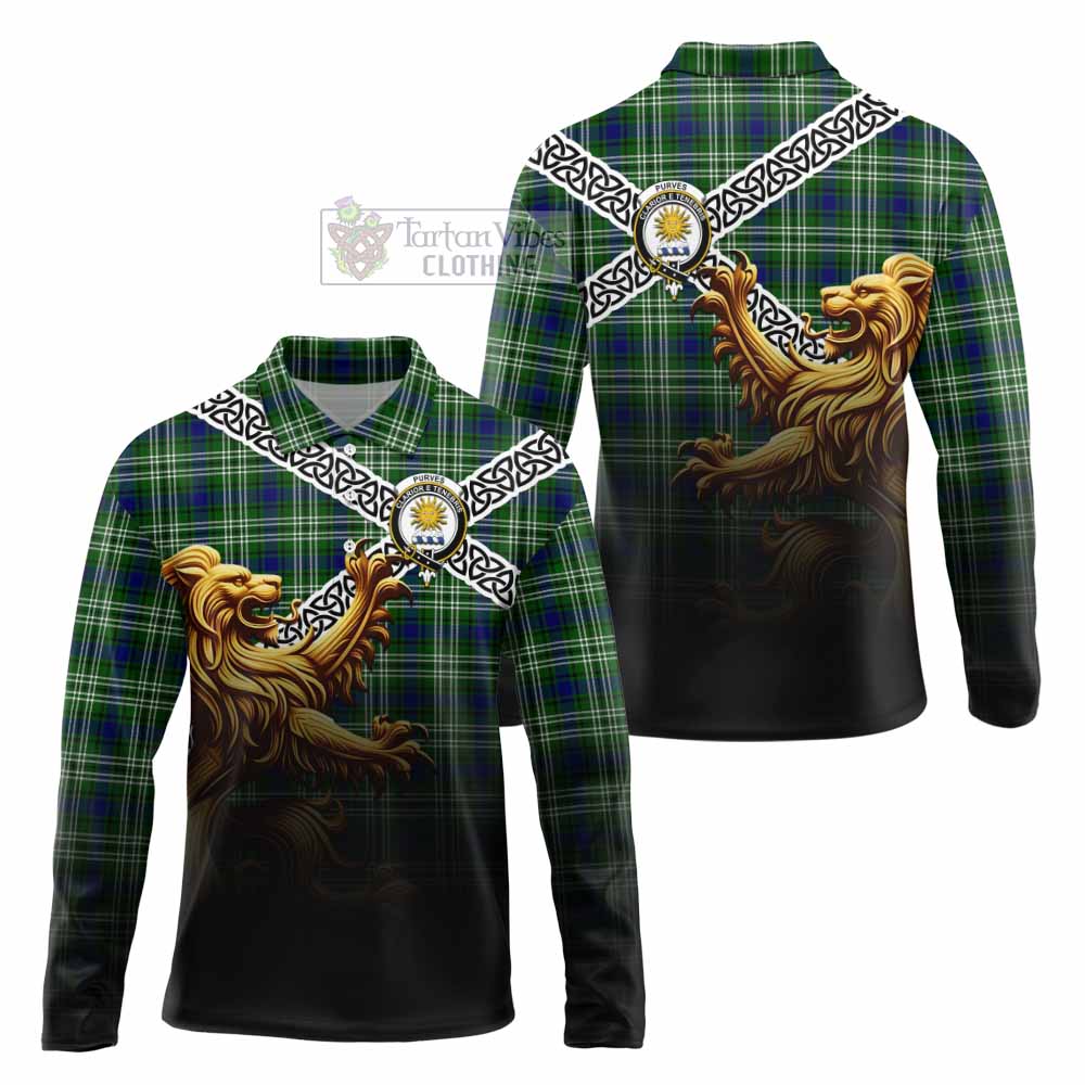 Purves Crest Tartan Long Sleeve Polo Shirt with Golden Lion Emblem Celtic Style - Tartan Vibes Clothing